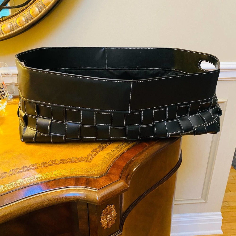 Extra Large Black Woven Lined Faux Leather White Stitching Basket with Handles